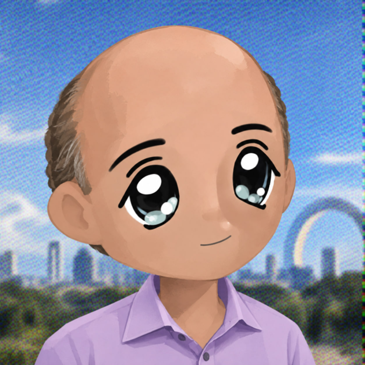 jerallaire: big anime eyes, a lavender shirt, and a knowing smile.