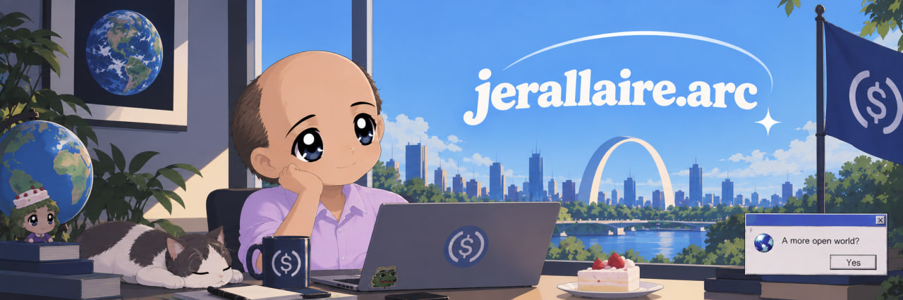 Milady-style Jeremy at his desk with a sleeping cat, cake and a sunny Arc skyline.